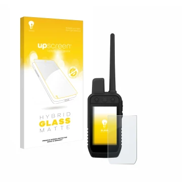 Parte frontal de un envase de producto con el logotipo de la marca upscreen. Al lado se muestra el dispositivo Garmin Alpha 30