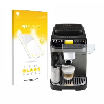 Parte frontal de un envase de producto con el logotipo de la marca upscreen. Al lado se muestra el dispositivo DeLonghi Magnif