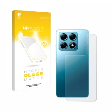 Parte frontal de un envase de producto con el logotipo de la marca upscreen. Al lado se muestra el dispositivo Xiaomi 14T (Tra