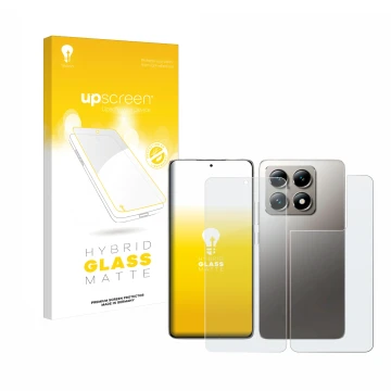 Parte frontal de un envase de producto con el logotipo de la marca upscreen. Al lado se muestra el dispositivo Xiaomi 14T (Fro