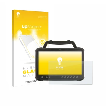 Parte frontal de un envase de producto con el logotipo de la marca upscreen. Al lado se muestra el dispositivo Winmate M133WK 