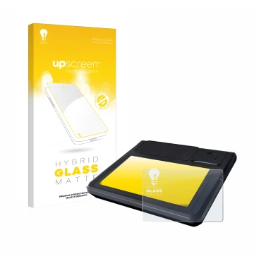 Parte frontal de un envase de producto con el logotipo de la marca upscreen. Al lado se muestra el dispositivo Techfive ECR 10