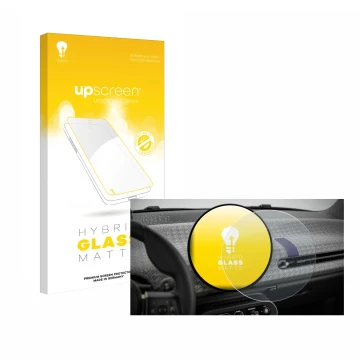 Parte frontal de un envase de producto con el logotipo de la marca upscreen. Al lado se muestra el dispositivo Mini Cooper Ele