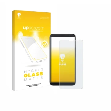 Parte frontal de un envase de producto con el logotipo de la marca upscreen. Al lado se muestra el dispositivo TCL 403 con su 