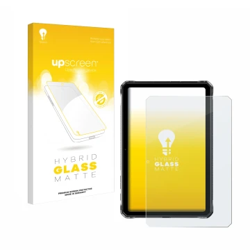 Parte frontal de un envase de producto con el logotipo de la marca upscreen. Al lado se muestra el dispositivo Doogee R10 con 