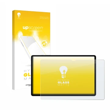 Parte frontal de un envase de producto con el logotipo de la marca upscreen. Al lado se muestra el dispositivo Samsung Galaxy 