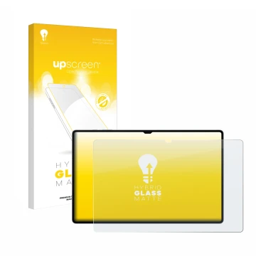 Parte frontal de un envase de producto con el logotipo de la marca upscreen. Al lado se muestra el dispositivo Samsung Galaxy 