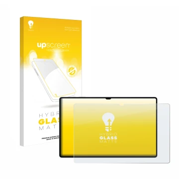 Parte frontal de un envase de producto con el logotipo de la marca upscreen. Al lado se muestra el dispositivo Samsung Galaxy 