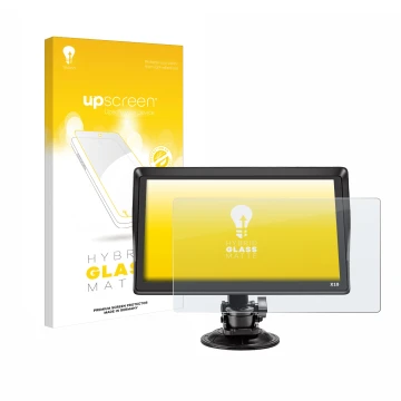 Parte frontal de un envase de producto con el logotipo de la marca upscreen. Al lado se muestra el dispositivo Xgody X10 9