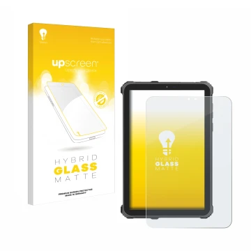 Parte frontal de un envase de producto con el logotipo de la marca upscreen. Al lado se muestra el dispositivo Oukitel RT3 Pro