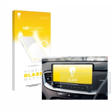 Parte frontal de un envase de producto con el logotipo de la marca upscreen. Al lado se muestra el dispositivo Kia XCeed 2024 