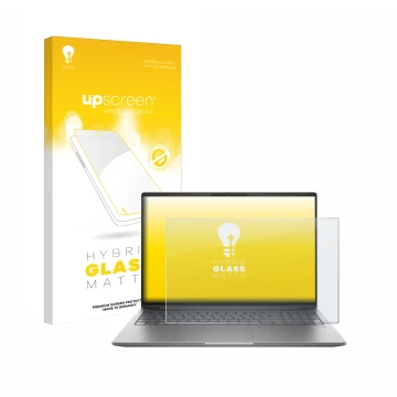 Parte frontal de un envase de producto con el logotipo de la marca upscreen. Al lado se muestra el dispositivo HP ZBook Power 