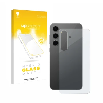 Parte frontal de un envase de producto con el logotipo de la marca upscreen. Al lado se muestra el dispositivo Samsung Galaxy 