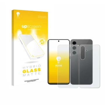 Parte frontal de un envase de producto con el logotipo de la marca upscreen. Al lado se muestra el dispositivo Samsung Galaxy 