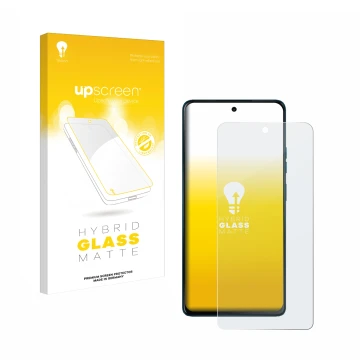 Parte frontal de un envase de producto con el logotipo de la marca upscreen. Al lado se muestra el dispositivo Motorola Moto G