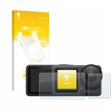 Parte frontal de un envase de producto con el logotipo de la marca upscreen. Al lado se muestra el dispositivo DJI Osmo Action