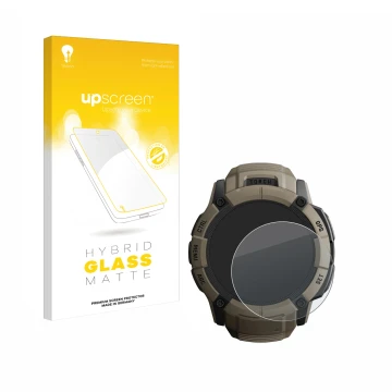 Parte frontal de un envase de producto con el logotipo de la marca upscreen. Al lado se muestra el dispositivo Garmin Instinct