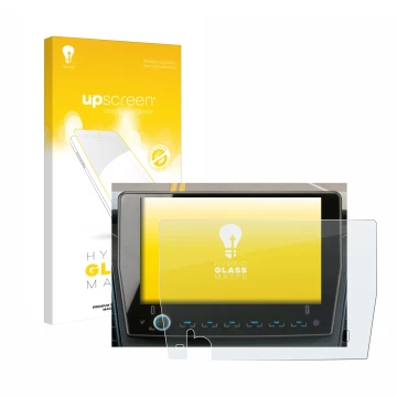 Parte frontal de un envase de producto con el logotipo de la marca upscreen. Al lado se muestra el dispositivo Xzent F-285 con