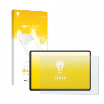 Parte frontal de un envase de producto con el logotipo de la marca upscreen. Al lado se muestra el dispositivo Huawei MatePad 