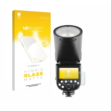 Parte frontal de un envase de producto con el logotipo de la marca upscreen. Al lado se muestra el dispositivo Godox TT685 II 