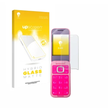 Parte frontal de un envase de producto con el logotipo de la marca upscreen. Al lado se muestra el dispositivo HMD Barbie Phon
