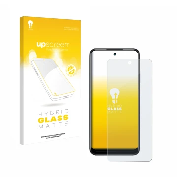 Parte frontal de un envase de producto con el logotipo de la marca upscreen. Al lado se muestra el dispositivo Infinix Hot 30 