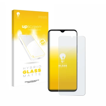 Parte frontal de un envase de producto con el logotipo de la marca upscreen. Al lado se muestra el dispositivo Doogee N50 Pro 