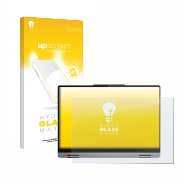 Parte frontal de un envase de producto con el logotipo de la marca upscreen. Al lado se muestra el dispositivo Lenovo IdeaPad 