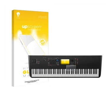 Parte frontal de un envase de producto con el logotipo de la marca upscreen. Al lado se muestra el dispositivo Yamaha MODX8+ c
