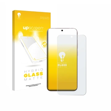 Parte frontal de un envase de producto con el logotipo de la marca upscreen. Al lado se muestra el dispositivo Vivo X200 Pro m