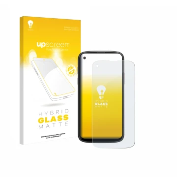 Parte frontal de un envase de producto con el logotipo de la marca upscreen. Al lado se muestra el dispositivo Unihertz Jelly 