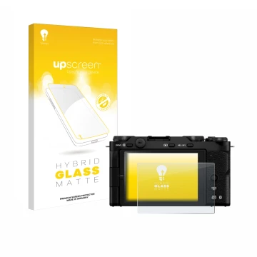 Parte frontal de un envase de producto con el logotipo de la marca upscreen. Al lado se muestra el dispositivo Fujifilm X-M5 c