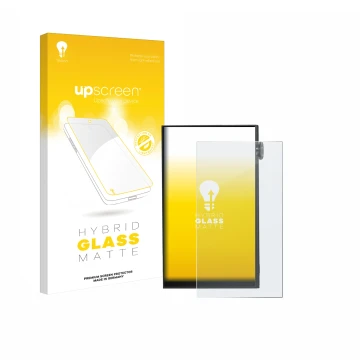 Parte frontal de un envase de producto con el logotipo de la marca upscreen. Al lado se muestra el dispositivo iBasso DX180 co