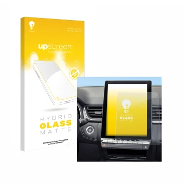 Parte frontal de un envase de producto con el logotipo de la marca upscreen. Al lado se muestra el dispositivo Renault Symbioz