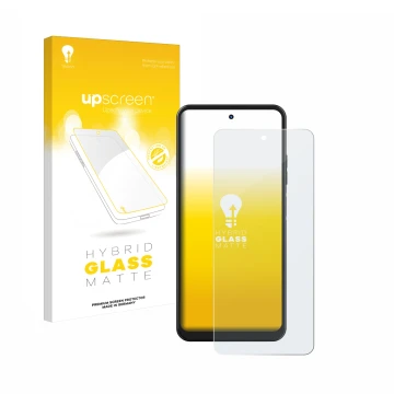 Parte frontal de un envase de producto con el logotipo de la marca upscreen. Al lado se muestra el dispositivo Hotwav Note 12 