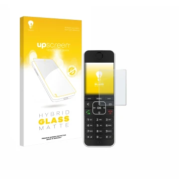 Parte frontal de un envase de producto con el logotipo de la marca upscreen. Al lado se muestra el dispositivo AVM Fritz!Fon C