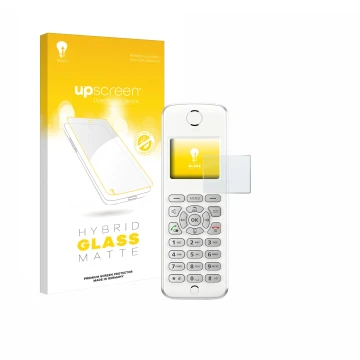 Parte frontal de un envase de producto con el logotipo de la marca upscreen. Al lado se muestra el dispositivo AVM Fritz!Fon M