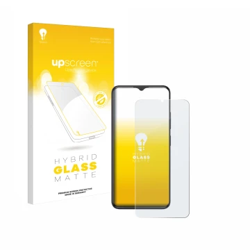 Parte frontal de un envase de producto con el logotipo de la marca upscreen. Al lado se muestra el dispositivo ZTE Blade A34 c