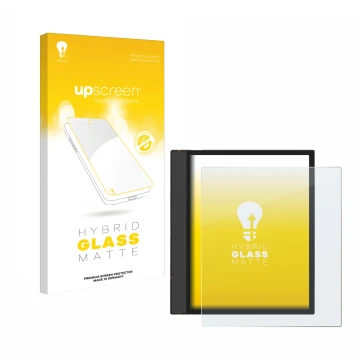 Parte frontal de un envase de producto con el logotipo de la marca upscreen. Al lado se muestra el dispositivo Boox Note Air 4