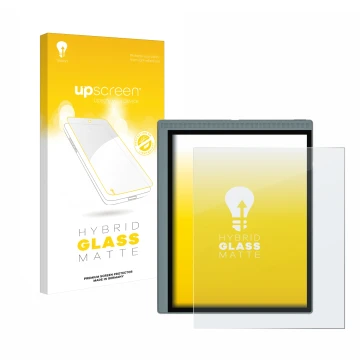 Parte frontal de un envase de producto con el logotipo de la marca upscreen. Al lado se muestra el dispositivo Bigme B1051C co