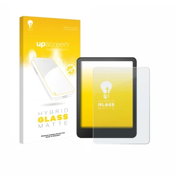 Parte frontal de un envase de producto con el logotipo de la marca upscreen. Al lado se muestra el dispositivo Amazon Kindle C