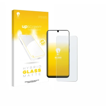 Parte frontal de un envase de producto con el logotipo de la marca upscreen. Al lado se muestra el dispositivo ZTE Blade A35 c