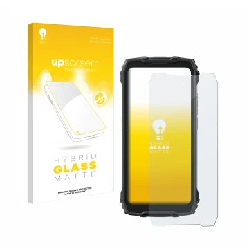 Parte frontal de un envase de producto con el logotipo de la marca upscreen. Al lado se muestra el dispositivo Blackview BV730