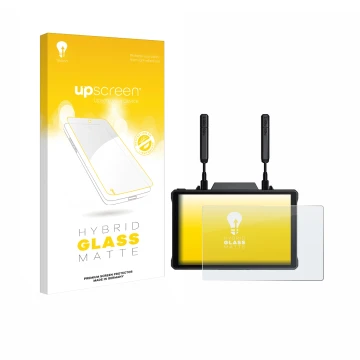 Parte frontal de un envase de producto con el logotipo de la marca upscreen. Al lado se muestra el dispositivo Hollyland Pyro 