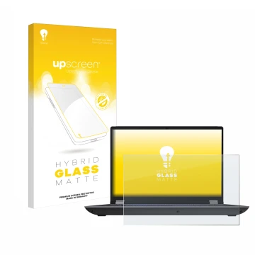 Parte frontal de un envase de producto con el logotipo de la marca upscreen. Al lado se muestra el dispositivo Lenovo ThinkPad