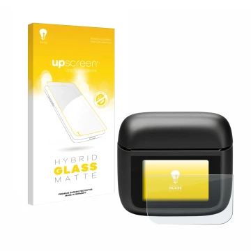 Parte frontal de un envase de producto con el logotipo de la marca upscreen. Al lado se muestra el dispositivo JBL Tour Pro 3 