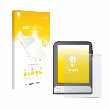 Parte frontal de un envase de producto con el logotipo de la marca upscreen. Al lado se muestra el dispositivo Ledger Flex con