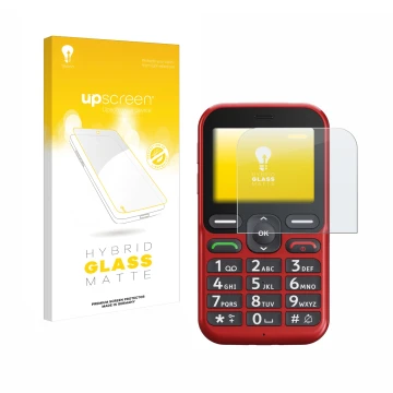 Parte frontal de un envase de producto con el logotipo de la marca upscreen. Al lado se muestra el dispositivo Doro Leva L10 c