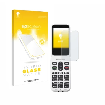 Parte frontal de un envase de producto con el logotipo de la marca upscreen. Al lado se muestra el dispositivo Doro Leva L30 c