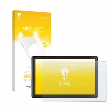 Parte frontal de un envase de producto con el logotipo de la marca upscreen. Al lado se muestra el dispositivo SGIN T10P 10.1